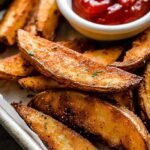 Golden brown seasoned potato wedges in an air fryer basket