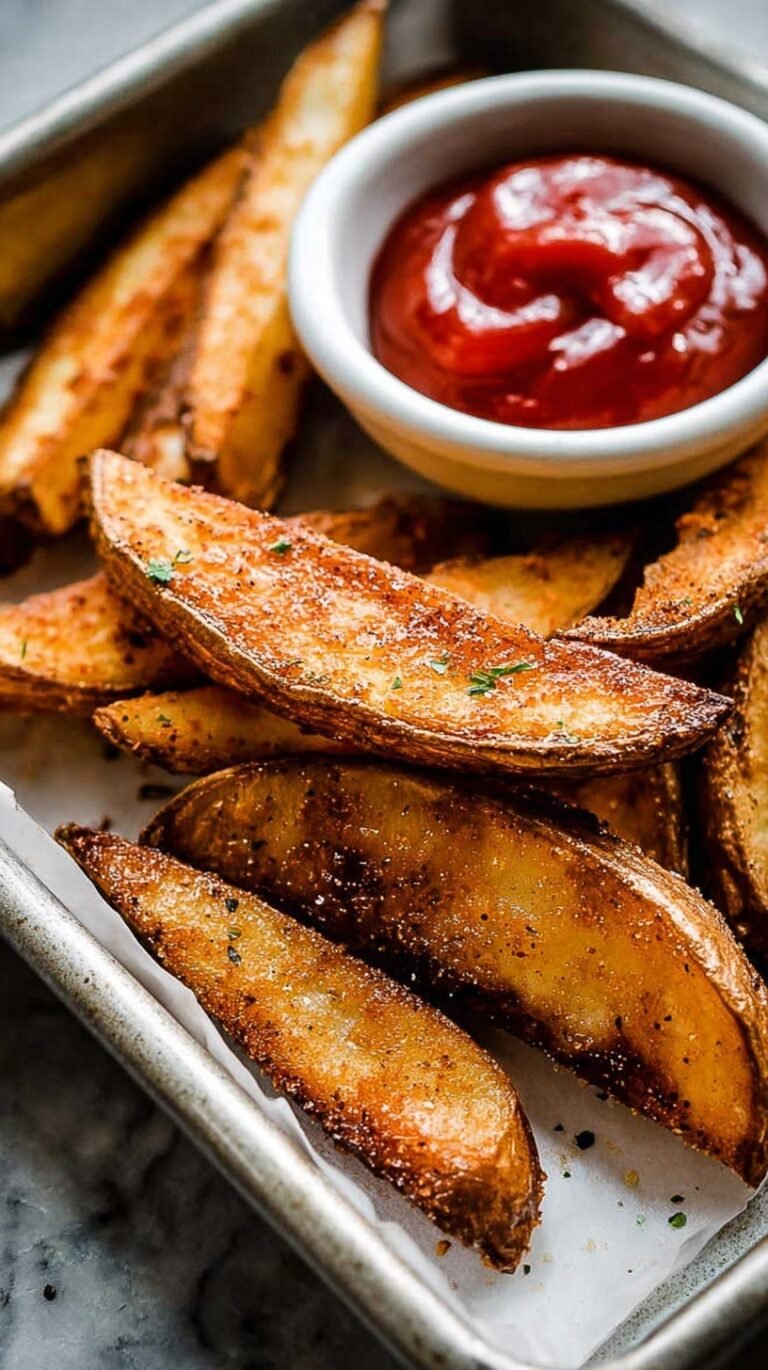 Golden brown seasoned potato wedges in an air fryer basket