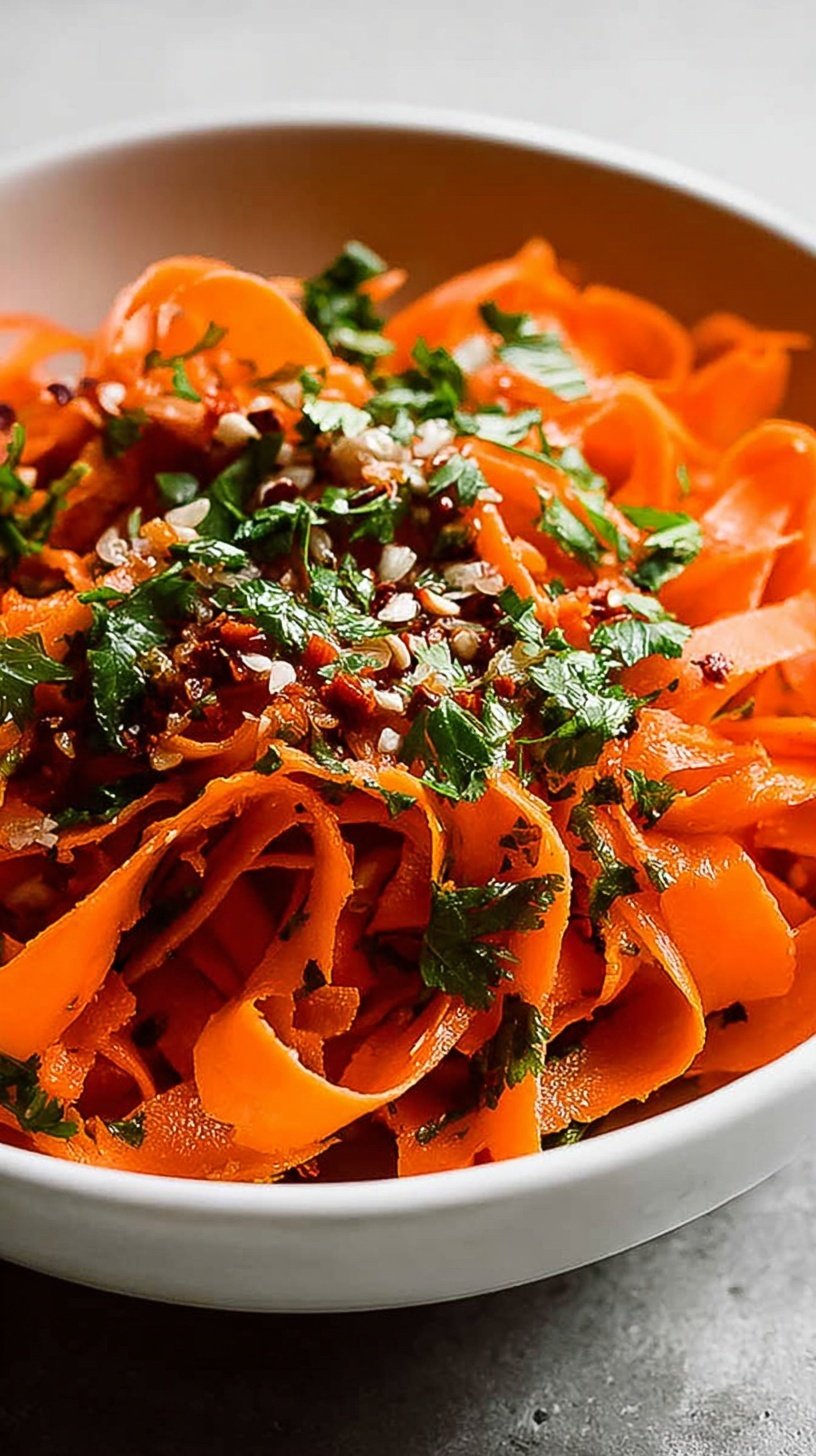 A bright orange grated carrot salad with green cilantro and red pepper flakes in a glass bowl.