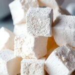 A pile of fluffy white vegan marshmallows dusted with powdered sugar