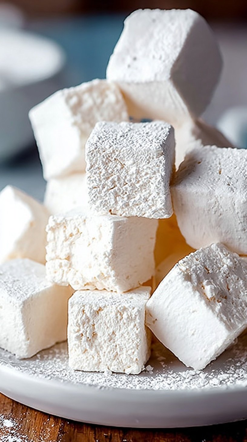 A pile of fluffy white vegan marshmallows dusted with powdered sugar