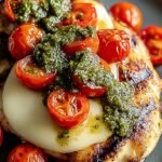 Pan-seared chicken breasts topped with melted mozzarella cheese, fresh tomato slices, green pesto, and a balsamic drizzle.