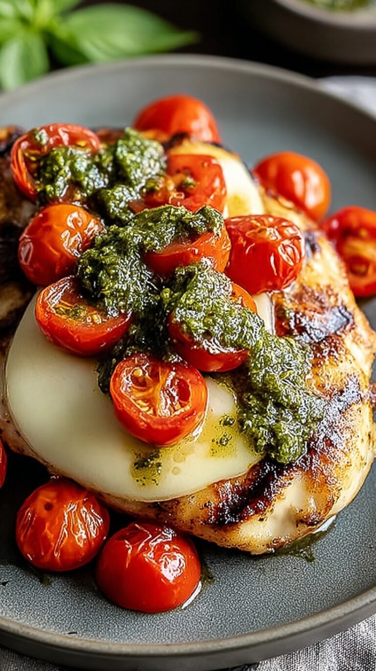 Pan-seared chicken breasts topped with melted mozzarella cheese, fresh tomato slices, green pesto, and a balsamic drizzle.