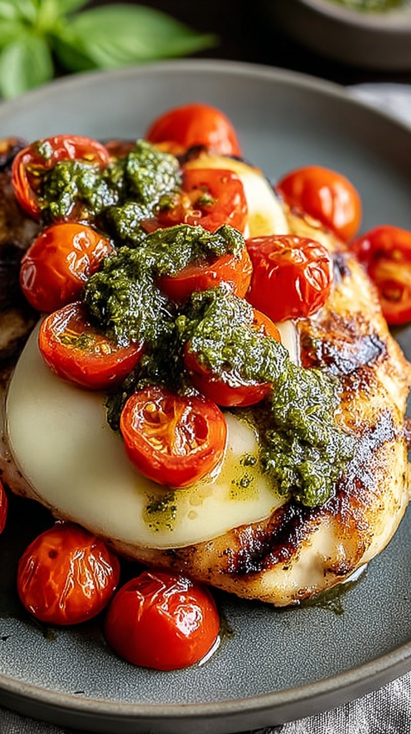 Pan-seared chicken breasts topped with melted mozzarella cheese, fresh tomato slices, green pesto, and a balsamic drizzle.