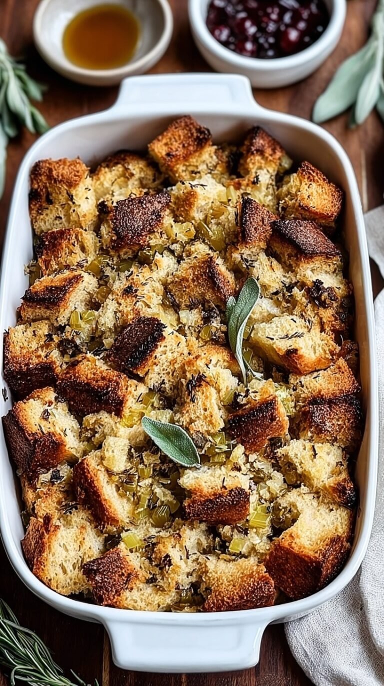 A golden brown sourdough stuffing in a white baking dish with fresh herbs on top.