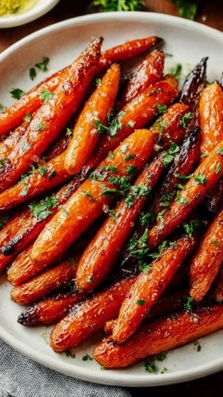 A tray of roasted carrots glazed with brown sugar and cinnamon on a baking sheet.