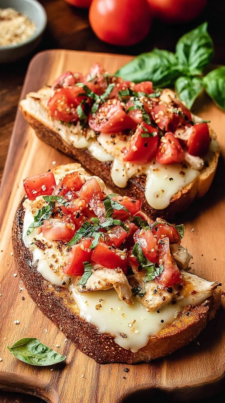 A loaf of toasted Italian bread topped with melted cheese, chicken, fresh tomatoes, and balsamic glaze.