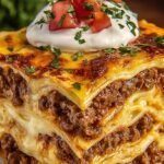 A golden, bubbly taco casserole with corn tortilla strips and melted cheddar cheese in a baking dish.