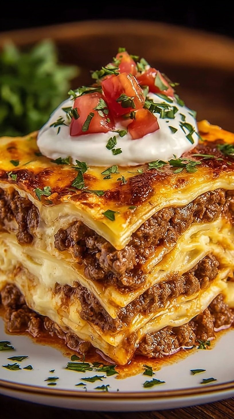 A golden, bubbly taco casserole with corn tortilla strips and melted cheddar cheese in a baking dish.