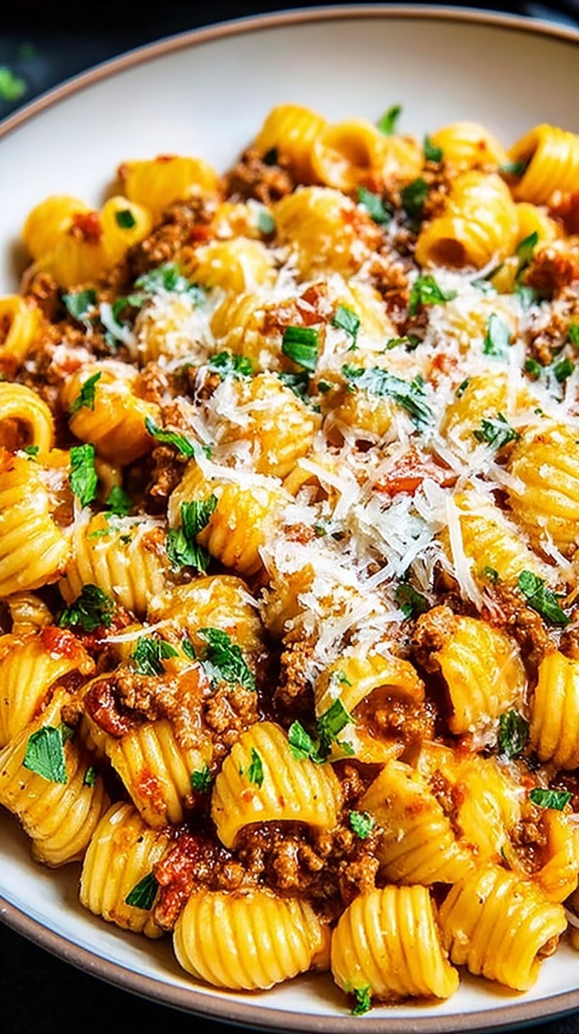 A skillet filled with cheesy Mexican-inspired pasta, ground beef, corn, and black beans garnished with cilantro.