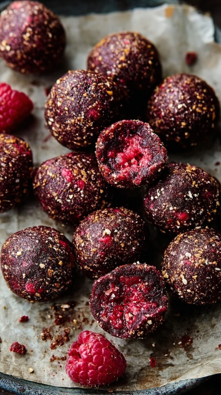 A plate of pink raspberry protein balls coated in white shredded coconut.