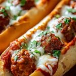 A toasted meatball submarine sandwich with melted provolone cheese and red marinara sauce.