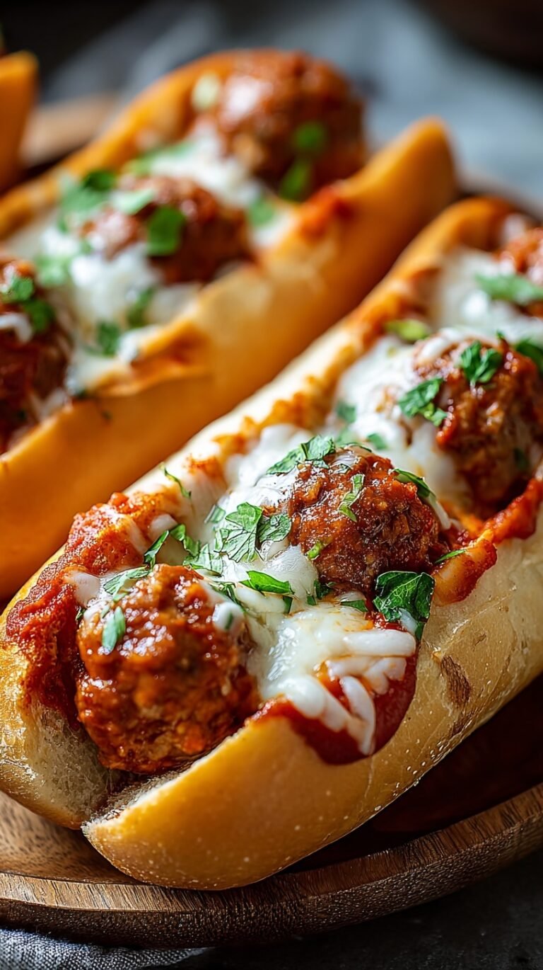 A toasted meatball submarine sandwich with melted provolone cheese and red marinara sauce.