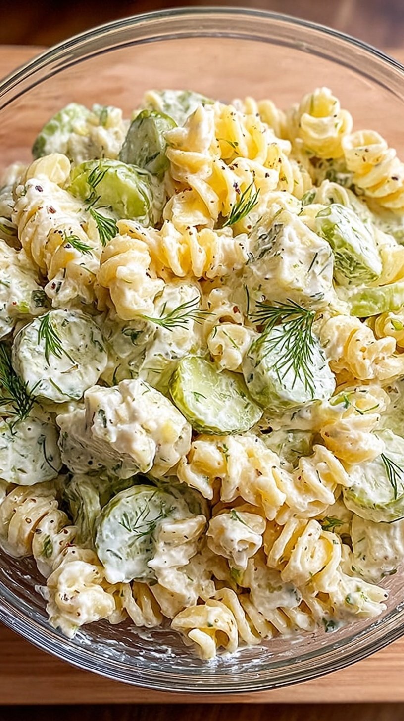 A bowl of creamy rotini pasta salad with diced dill pickles and cheddar cheese cubes