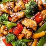 A colorful Teriyaki Chicken Stir-Fry with broccoli and peppers in a dark skillet