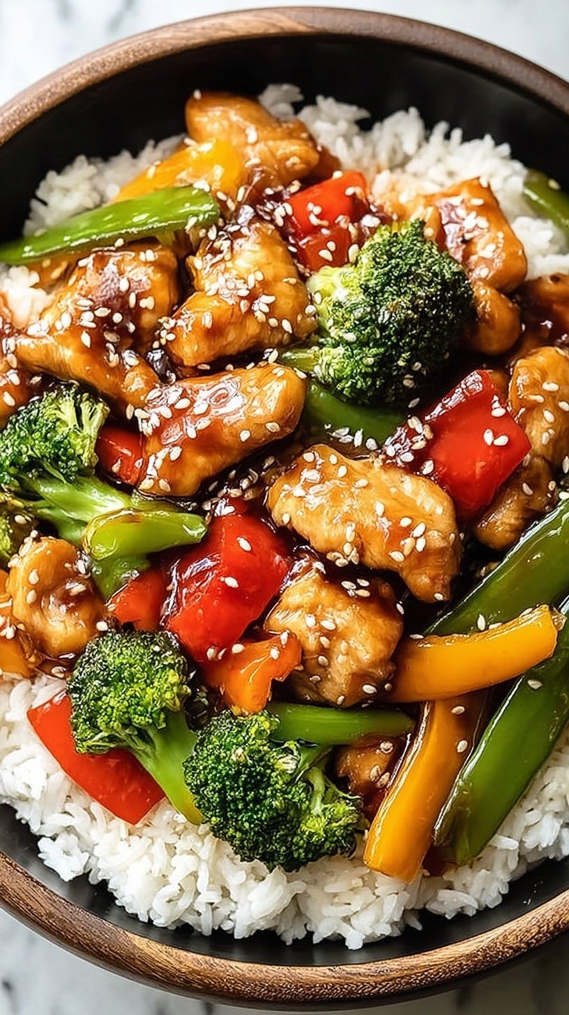 A colorful Teriyaki Chicken Stir-Fry with broccoli and peppers in a dark skillet