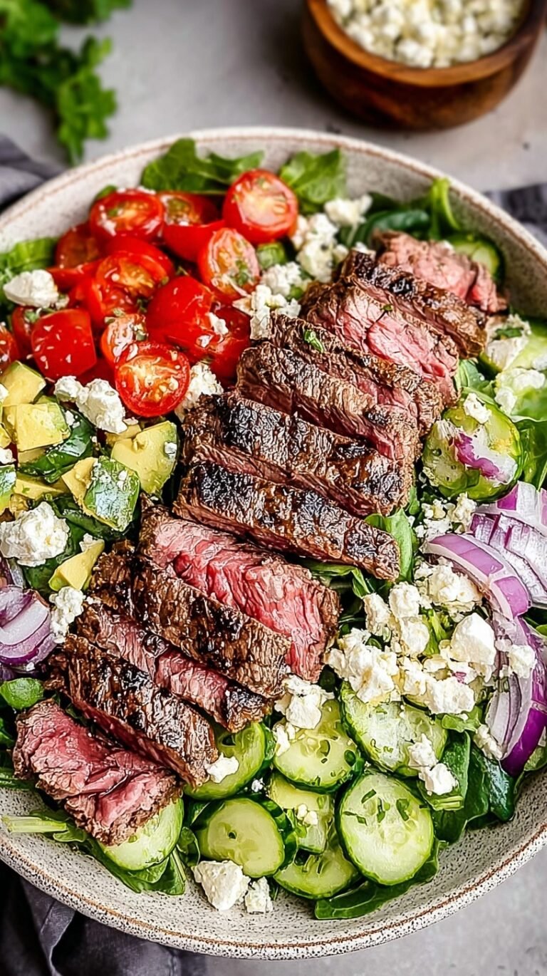 A vibrant Steak Cobb Salad arranged in rows with sliced steak, eggs, avocado, bacon, and blue cheese on a bed of romaine lettuce.