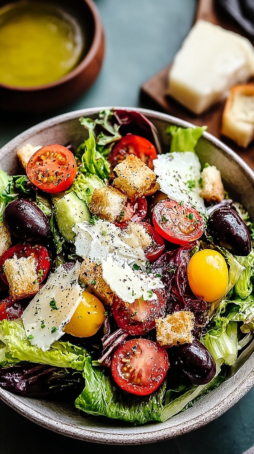 A fresh Italian garden salad in a large bowl with romaine, tomatoes, and parmesan cheese.
