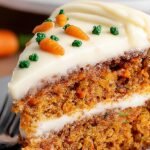 A two-layer classic carrot cake with white cream cheese frosting and chopped walnuts on a cake stand.