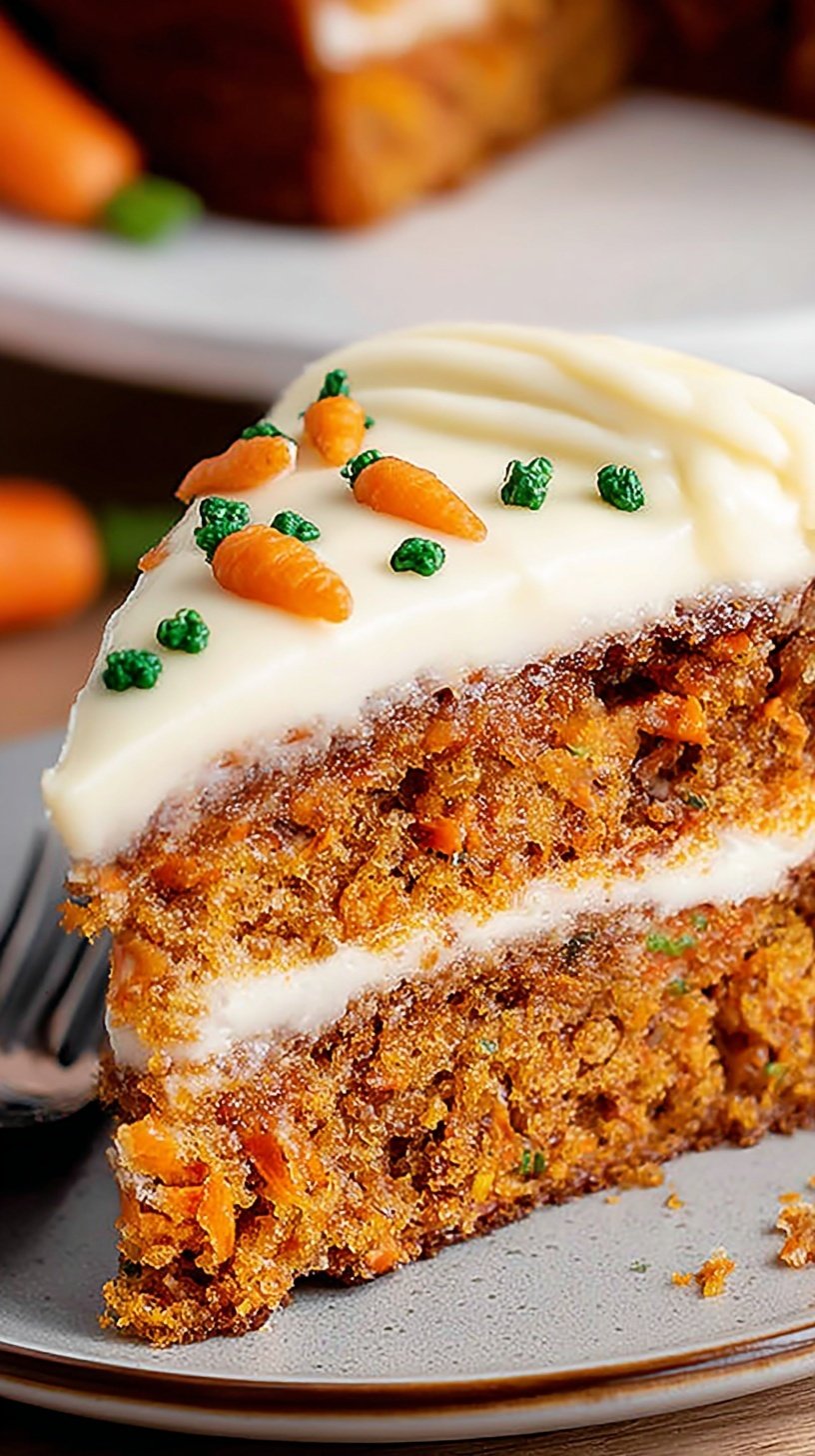 A two-layer classic carrot cake with white cream cheese frosting and chopped walnuts on a cake stand.