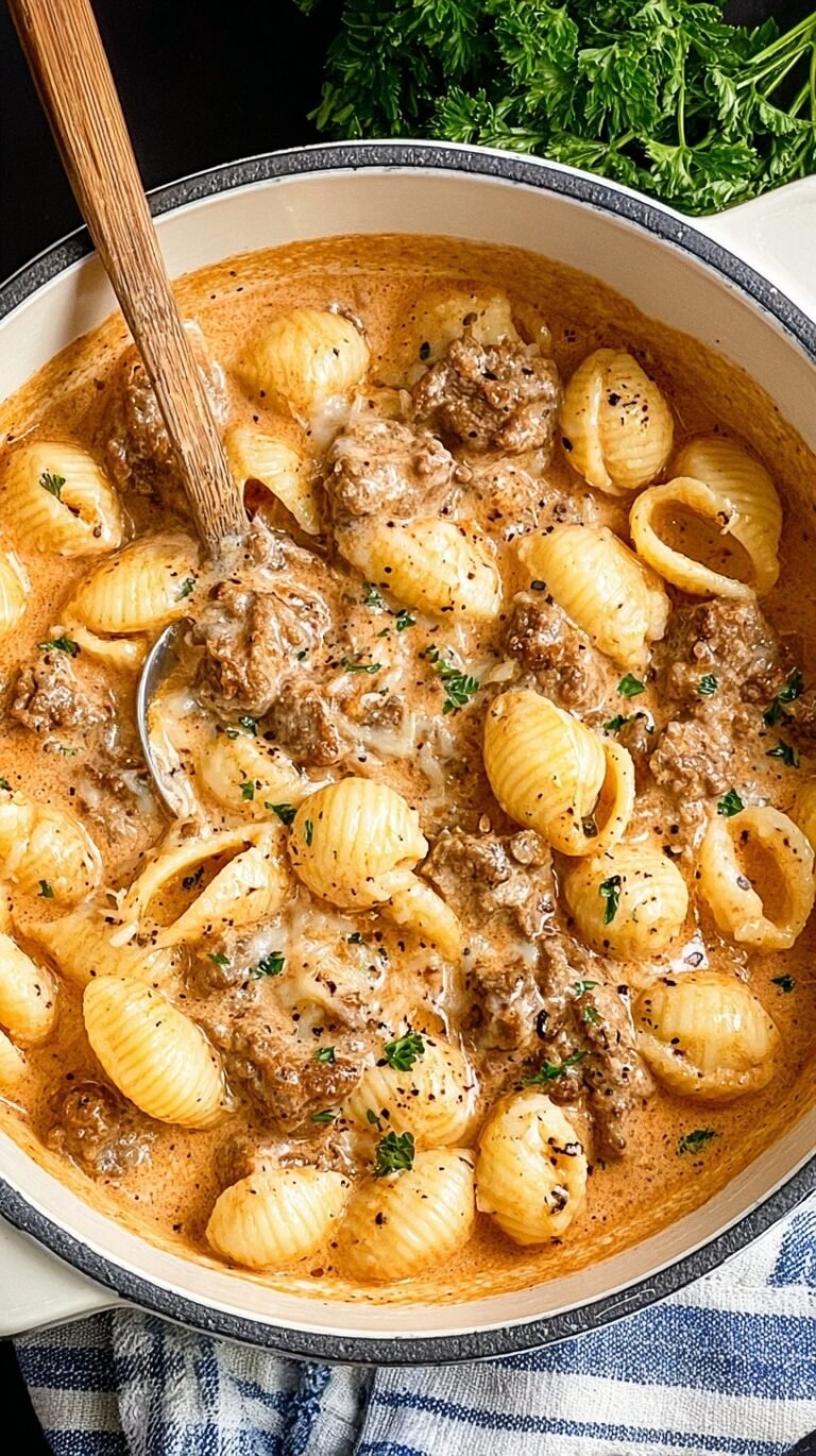 A skillet filled with creamy beef and shells pasta topped with melted cheddar cheese and fresh herbs