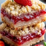 A stack of golden strawberry oatmeal bars on a white plate with fresh berries nearby