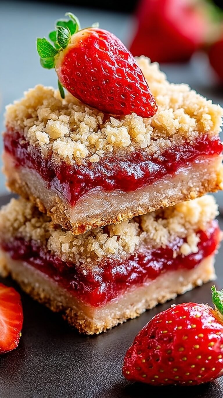 A stack of golden strawberry oatmeal bars on a white plate with fresh berries nearby