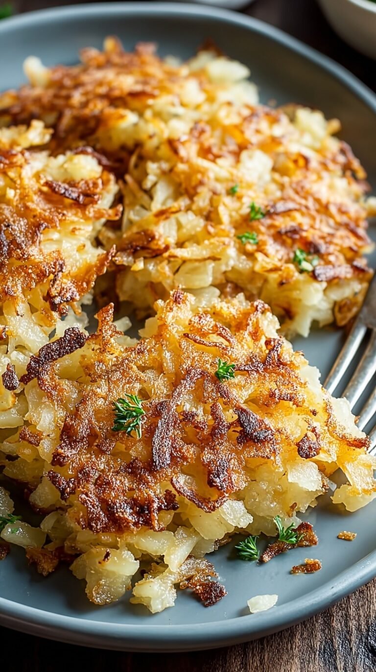 A baking sheet filled with golden brown, crispy shredded hash browns.