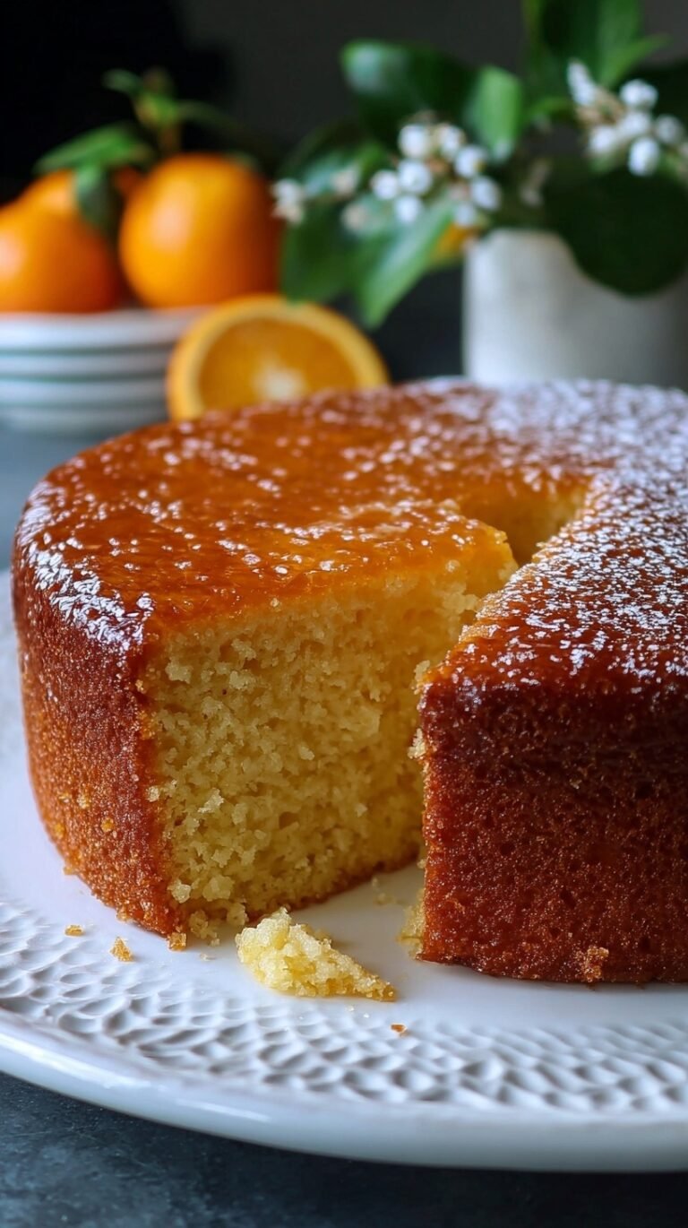A golden Sicilian whole orange cake dusted with powdered sugar on a white plate