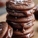 Double-stacked Nutella sandwich cookies with a creamy chocolate hazelnut filling on a parchment-lined tray.