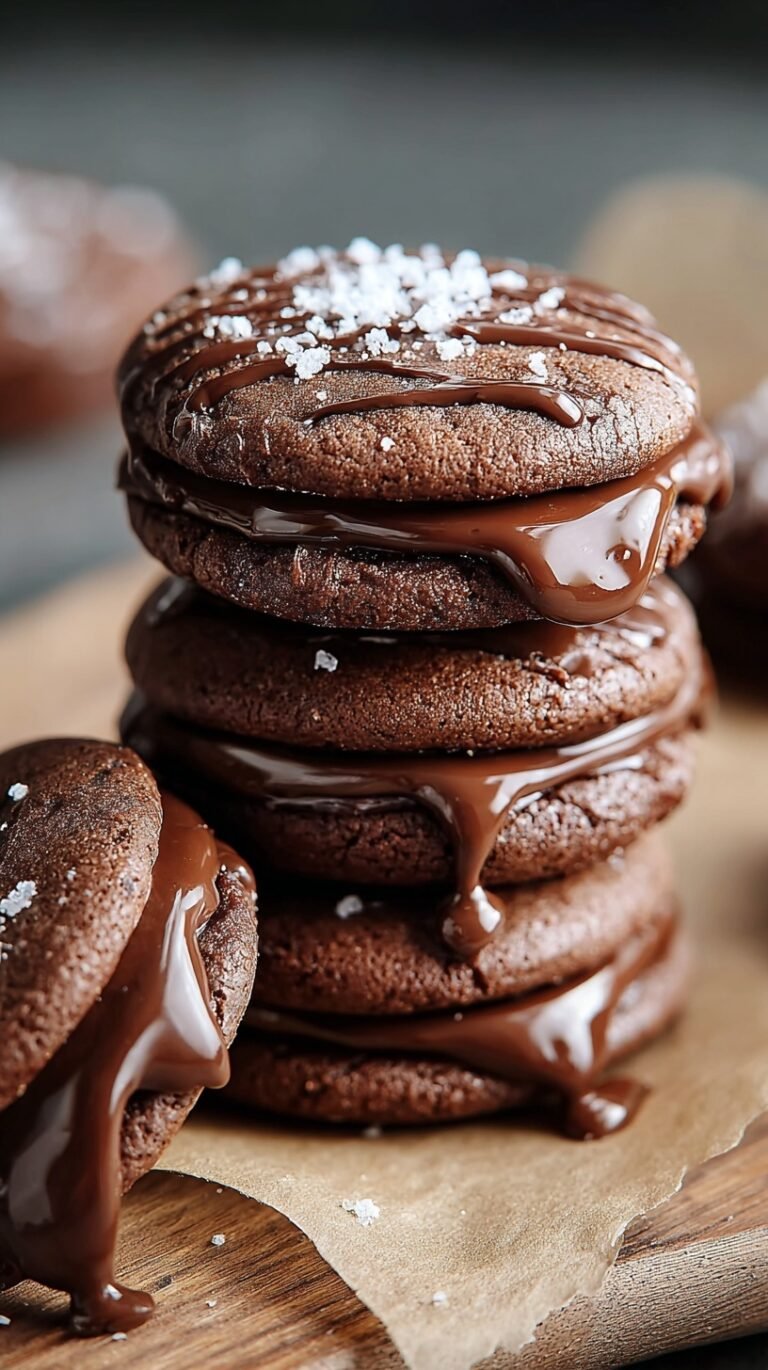 Double-stacked Nutella sandwich cookies with a creamy chocolate hazelnut filling on a parchment-lined tray.