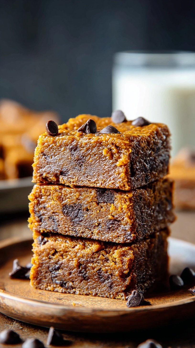 A batch of golden brown pumpkin bars sliced on a wooden board with autumn decorations