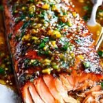 Oven-baked honey mustard salmon fillets topped with fresh parsley on a parchment-lined baking sheet.