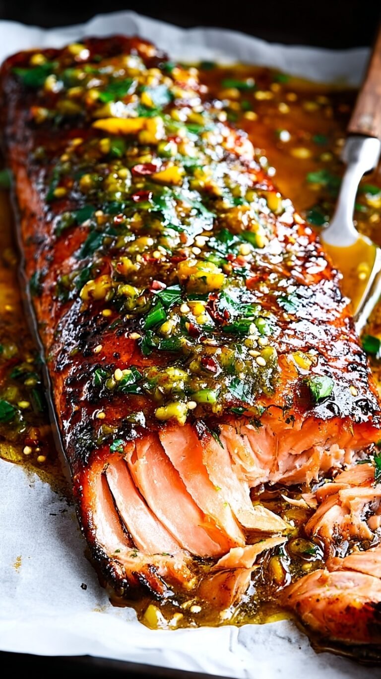 Oven-baked honey mustard salmon fillets topped with fresh parsley on a parchment-lined baking sheet.
