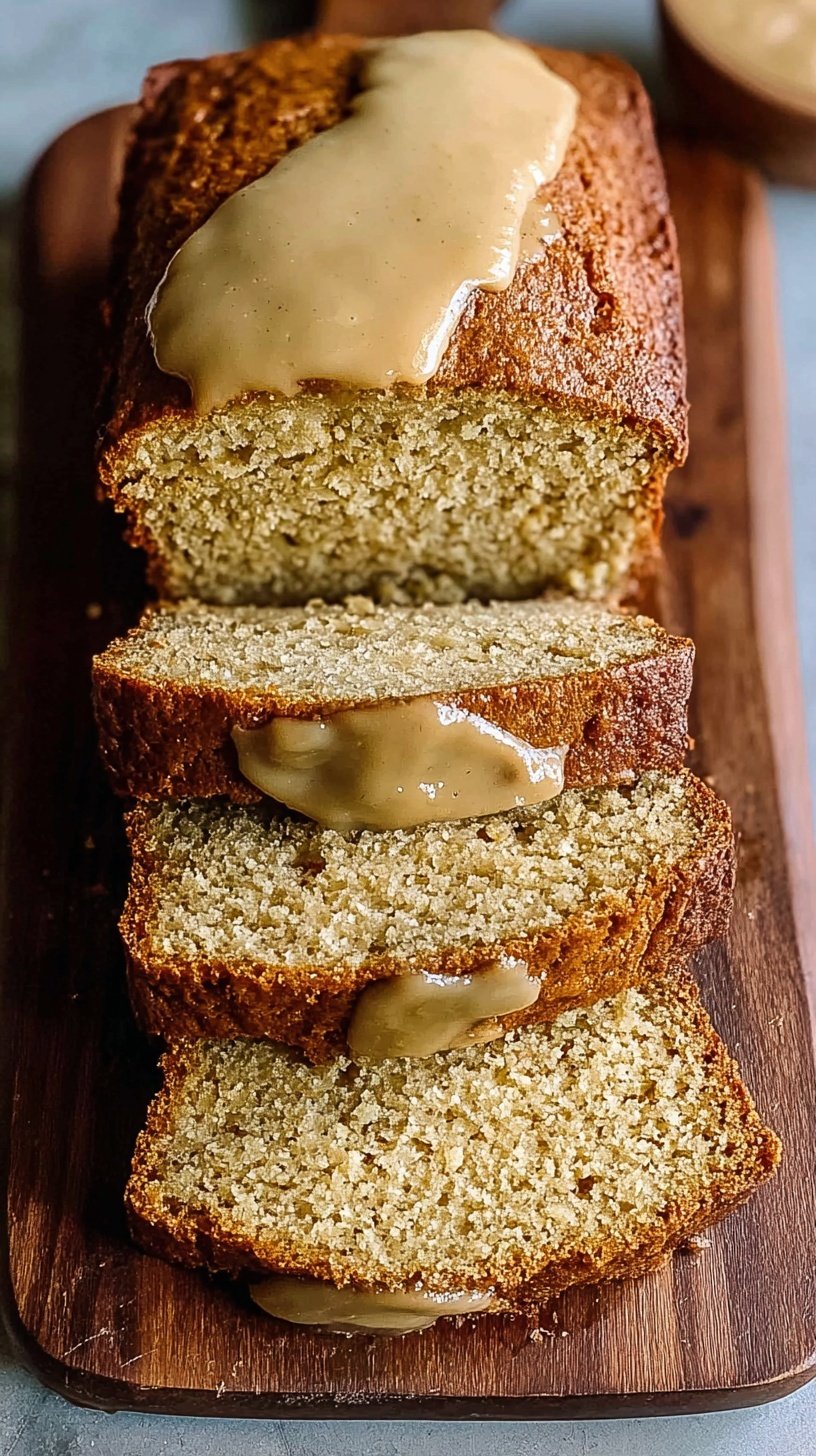 A golden brown loaf of cake mix banana bread sliced on a wooden board with mashed bananas nearby.