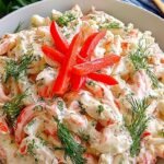 A bowl of creamy classic crab salad with fresh chives and lemon wedges
