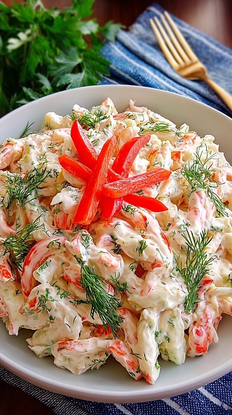 A bowl of creamy classic crab salad with fresh chives and lemon wedges