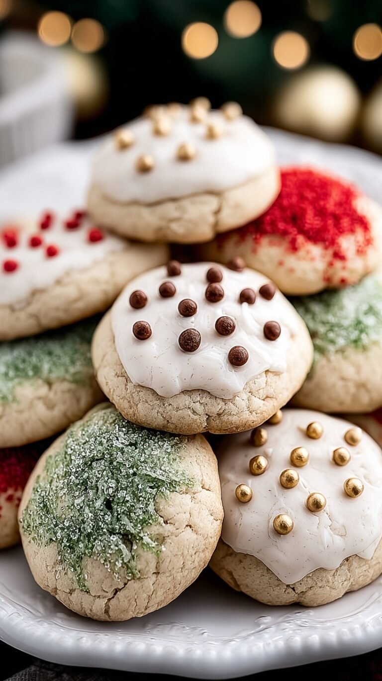 A platter of glazed Italian Christmas Cookies with colorful sprinkles