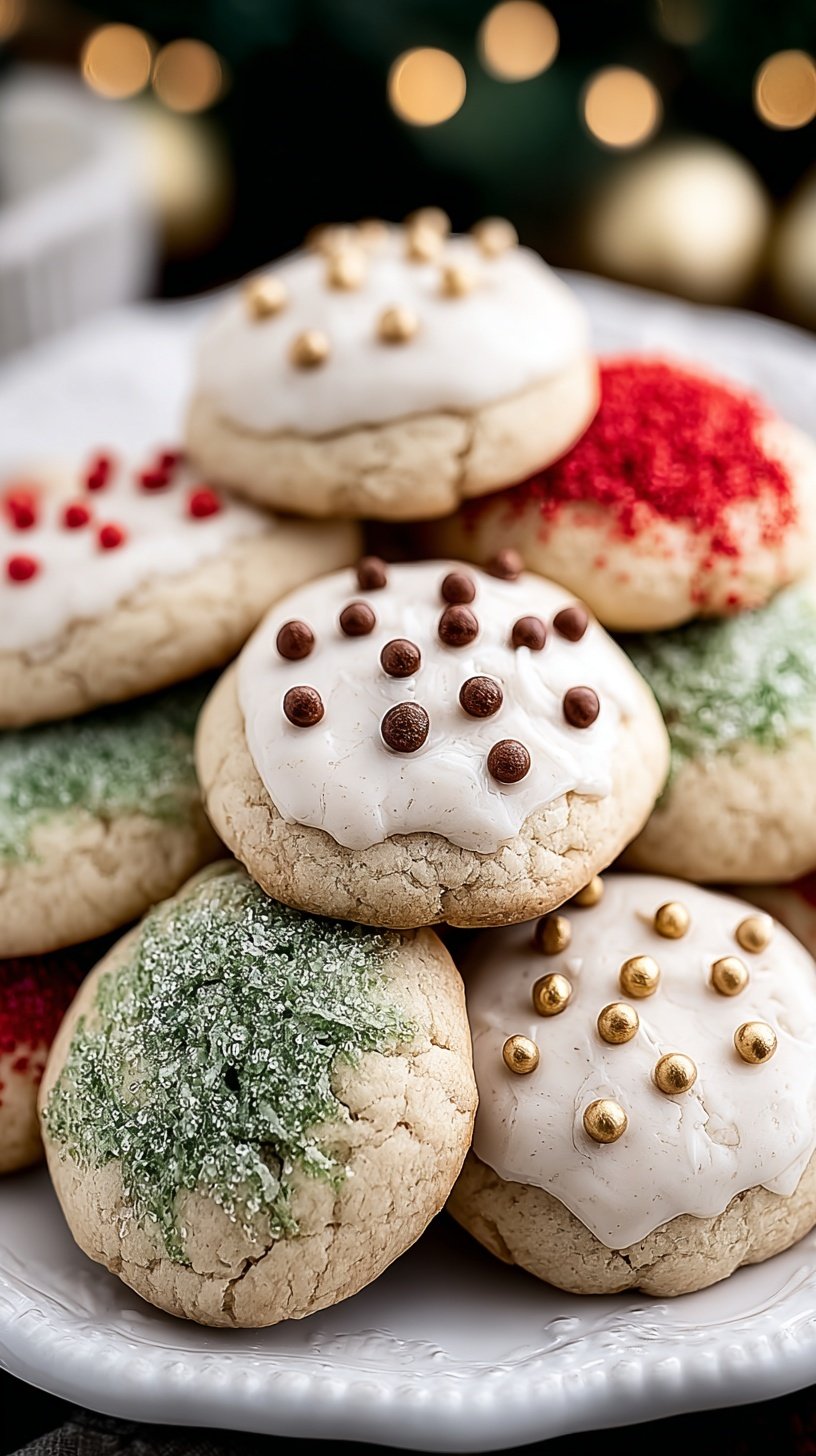 A platter of glazed Italian Christmas Cookies with colorful sprinkles
