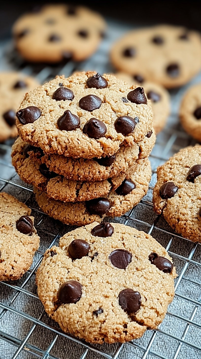 A stack of golden brown keto chocolate chip cookies with melty sugar-free chocolate chips on a parchment-lined baking sheet.