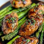Golden pan-seared chicken breasts and tender green asparagus glazed with a dark balsamic reduction in a skillet.