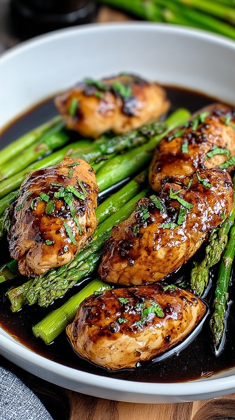 Golden pan-seared chicken breasts and tender green asparagus glazed with a dark balsamic reduction in a skillet.