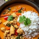 A bowl of creamy Thai peanut curry chicken served over white rice with cilantro and peanuts