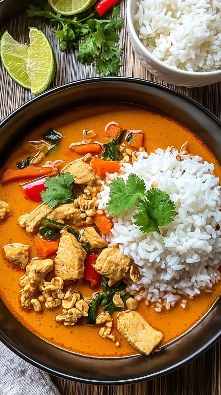 A bowl of creamy Thai peanut curry chicken served over white rice with cilantro and peanuts
