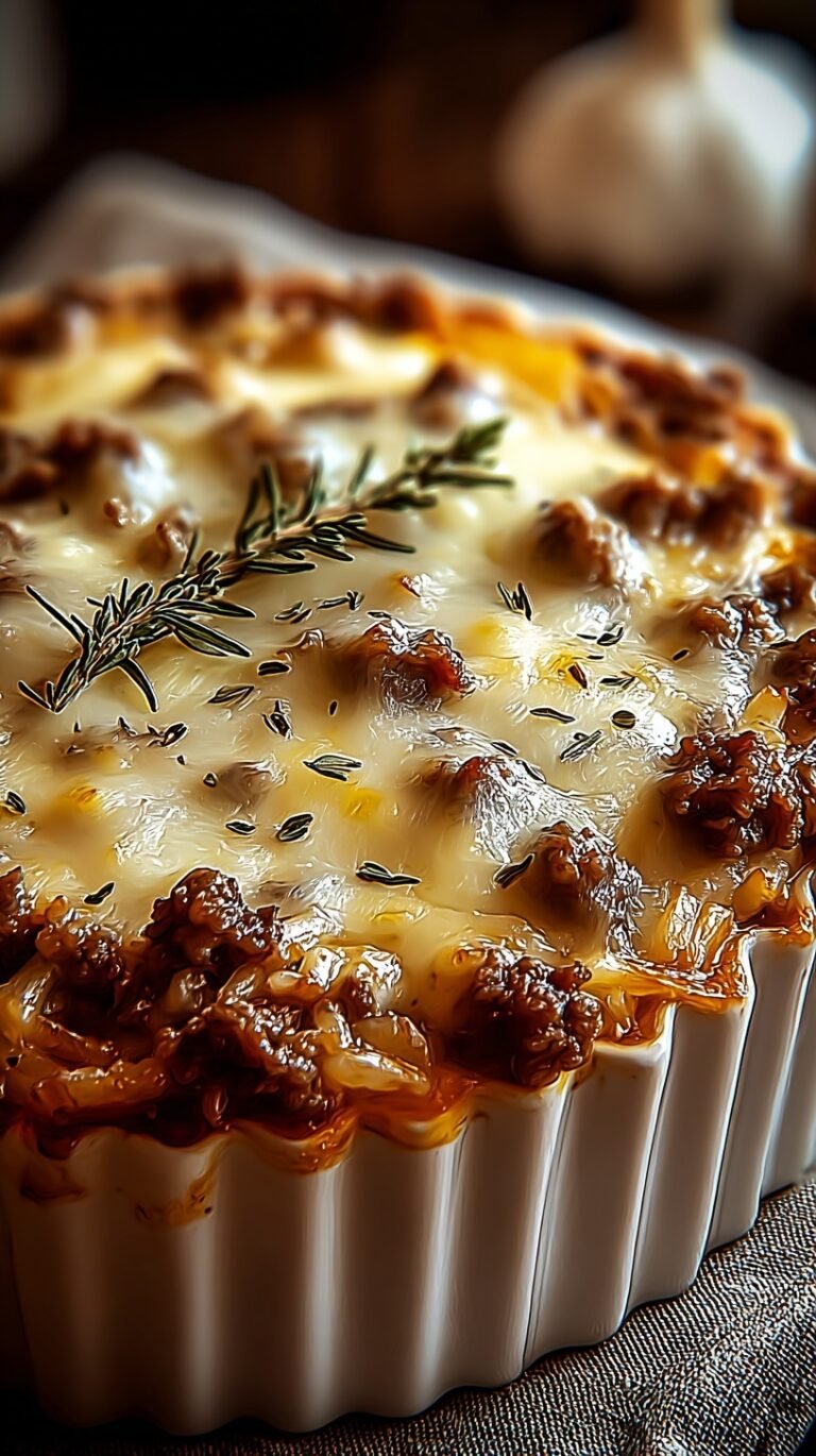 A golden brown French Onion Beef Casserole topped with melted Gruyère cheese in a 9x13 baking dish.