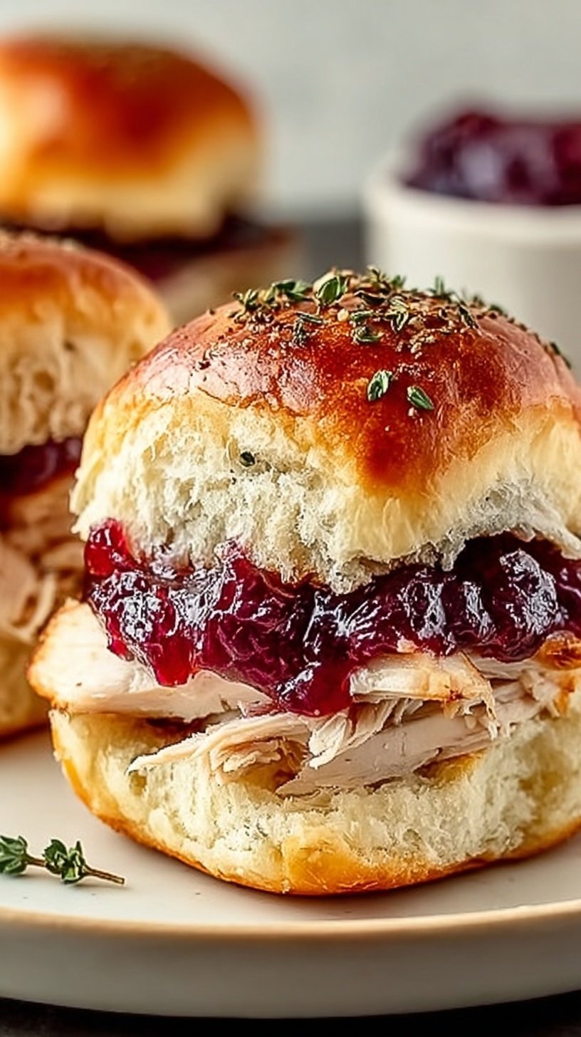 A tray of golden brown Cranberry Turkey Sliders topped with poppy seeds and melted Havarti cheese.