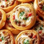 Golden brown sausage pinwheels on a baking sheet with flaky puff pastry and savory filling.