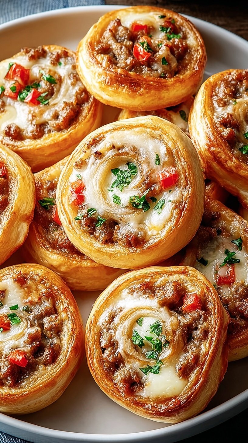 Golden brown sausage pinwheels on a baking sheet with flaky puff pastry and savory filling.