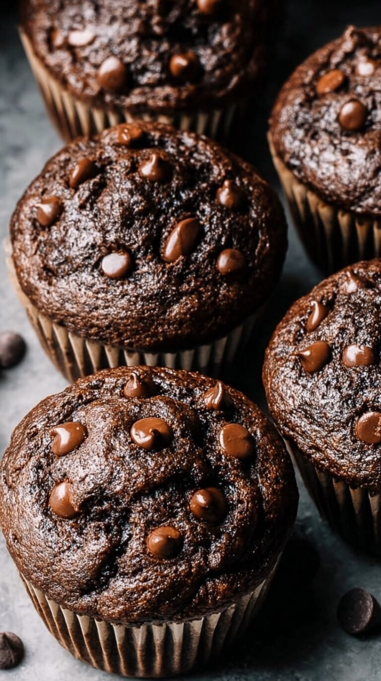 A tray of high-domed double chocolate chip muffins with melty chocolate chips on top.