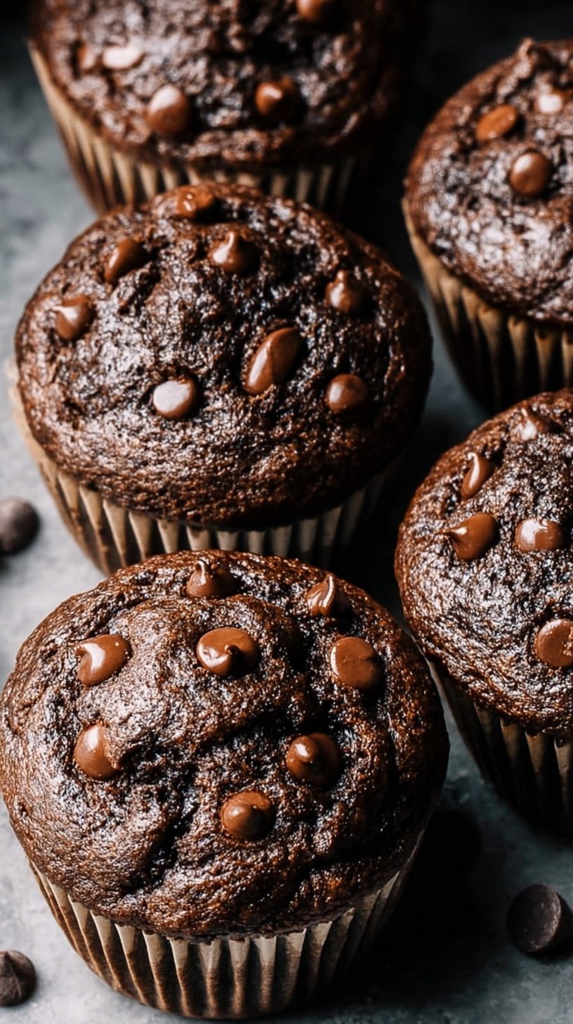 A tray of high-domed double chocolate chip muffins with melty chocolate chips on top.